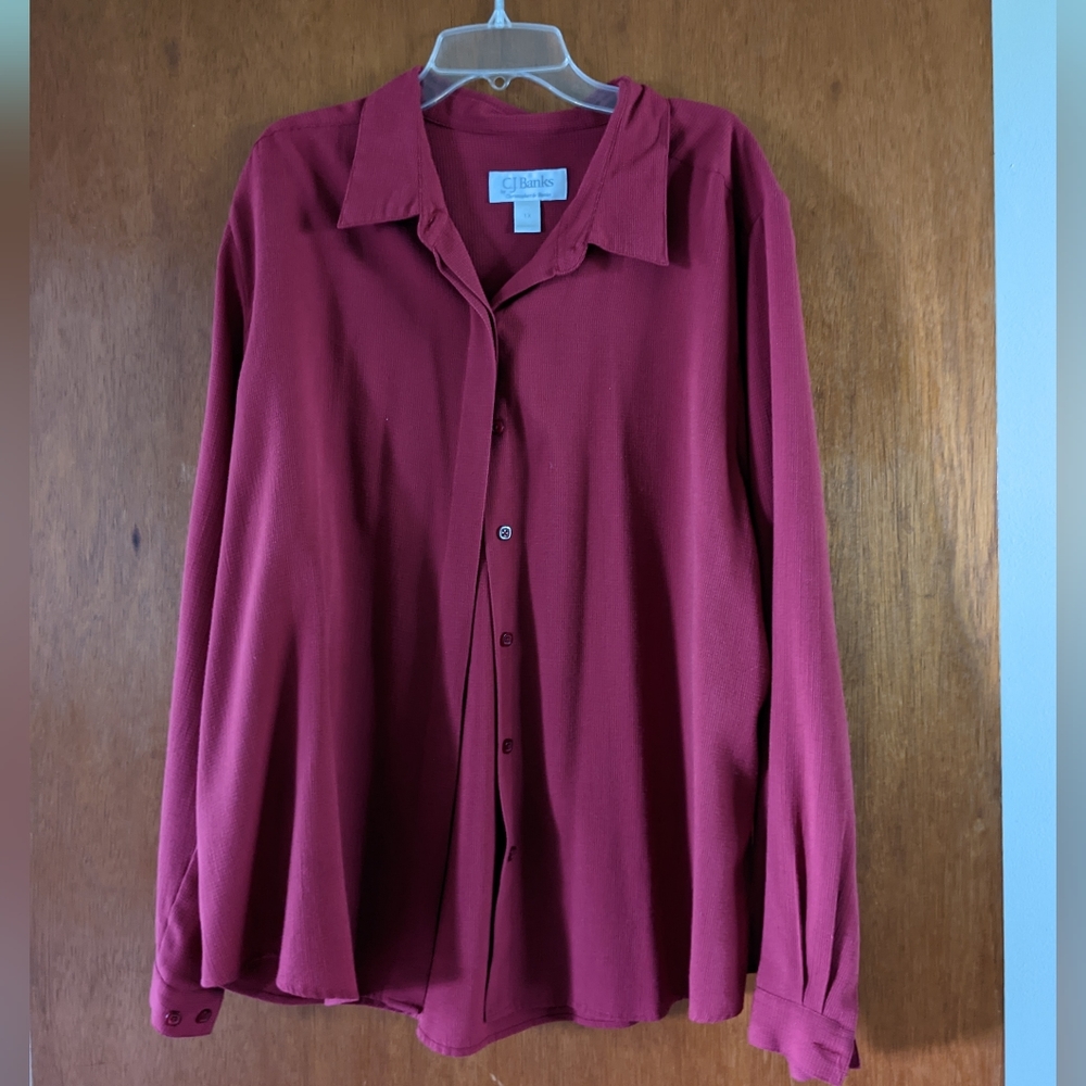 CJ Banks long sleeve red waffle texture blouse.